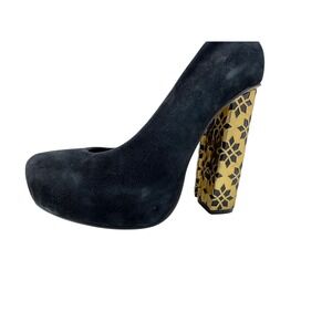 ASOS Platform Pumps Womens 5 Black Suede Gold Geometric Block Heel